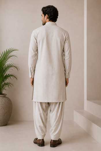 Shop_Varoin Marwah_Beige Linen Plain Kurta Set _at_Aza_Fashions