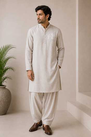 Buy_Varoin Marwah_Beige Linen Plain Kurta Set _at_Aza_Fashions