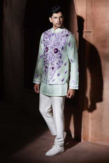 Shop_Varoin Marwah_Green Silk The Petal Stitch Paradox Nehru Jacket Set _at_Aza_Fashions