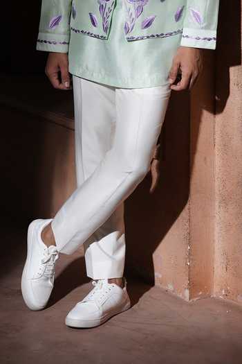 Varoin Marwah_Green Silk The Petal Stitch Paradox Nehru Jacket Set _Online_at_Aza_Fashions