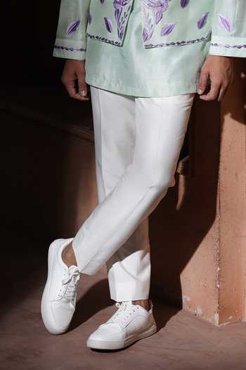 Buy_Varoin Marwah_Green Silk The Petal Stitch Paradox Nehru Jacket Set _Online_at_Aza_Fashions