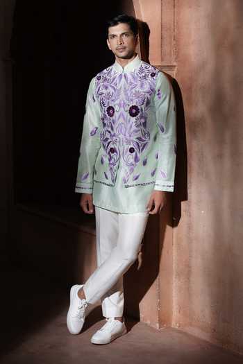 Buy_Varoin Marwah_Green Silk The Petal Stitch Paradox Nehru Jacket Set 