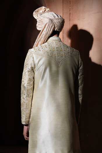 Shop_Varoin Marwah_Beige Silk The Taj Noor Embroidered Sherwani Set _at_Aza_Fashions