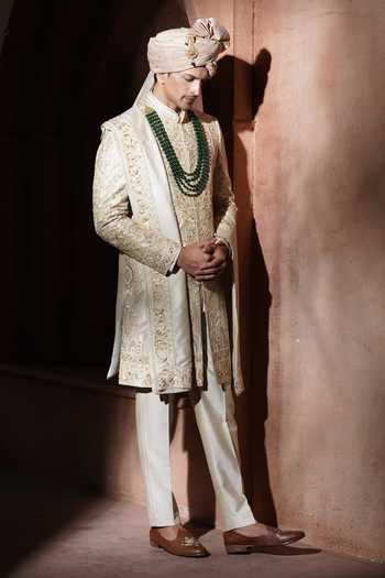 Buy_Varoin Marwah_Beige Silk The Taj Noor Embroidered Sherwani Set _Online_at_Aza_Fashions