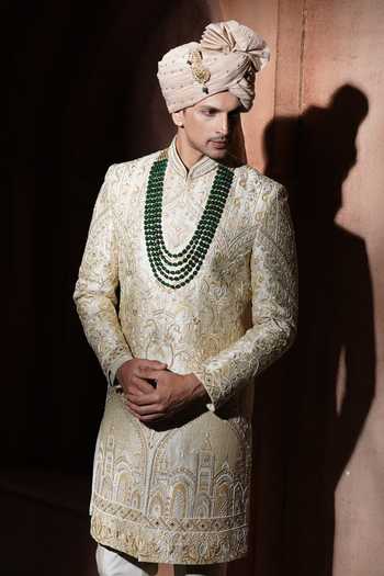 Shop_Varoin Marwah_Beige Silk The Taj Noor Embroidered Sherwani Set _Online_at_Aza_Fashions