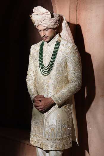 Buy_Varoin Marwah_Beige Silk The Taj Noor Embroidered Sherwani Set 