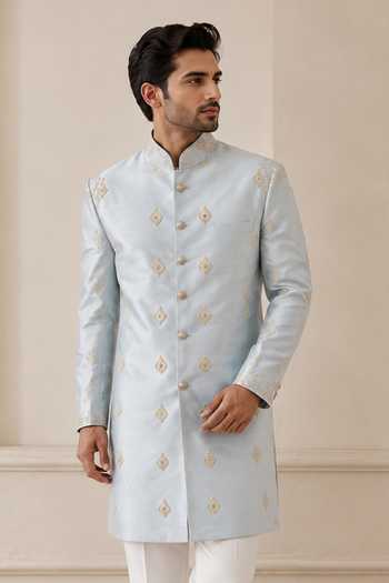 Buy_Varoin Marwah_Sky Blue Silk Embroidered Sherwani And Kurta Set _at_Aza_Fashions