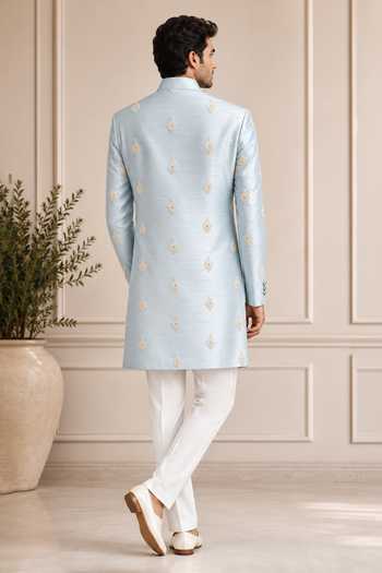 Shop_Varoin Marwah_Sky Blue Silk Embroidered Sherwani And Kurta Set _at_Aza_Fashions