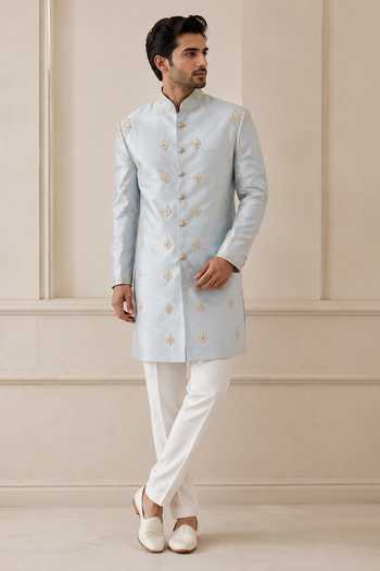 Varoin Marwah_Sky Blue Silk Embroidered Sherwani And Kurta Set _Online_at_Aza_Fashions