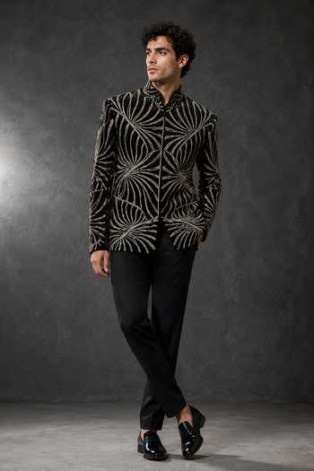 Buy_Varoin Marwah_Black Silk Embroidery, Sequins, Zari Salli Work Bandhgala Set _at_Aza_Fashions