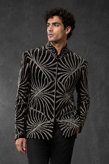 Varoin Marwah_Black Silk Embroidery, Sequins, Zari Salli Work Bandhgala Set _Online_at_Aza_Fashions