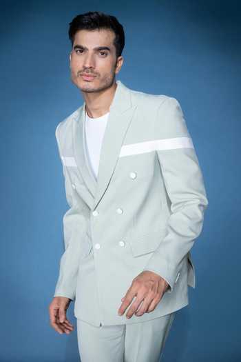 Varoin Marwah_Green Crepe The Serene Statement Blazer Set _Online_at_Aza_Fashions