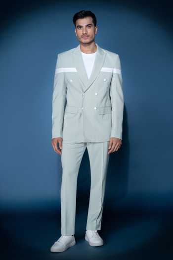 Buy_Varoin Marwah_Green Crepe The Serene Statement Blazer Set _at_Aza_Fashions