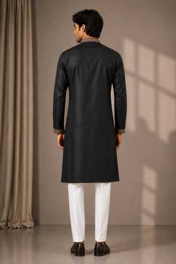 Shop_Varoin Marwah_Black Silk Floral Embridered Kurta _at_Aza_Fashions