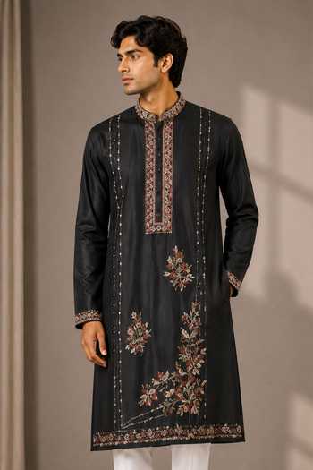 Buy_Varoin Marwah_Black Silk Floral Embridered Kurta _at_Aza_Fashions