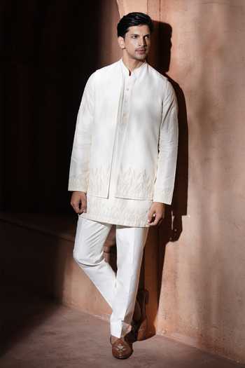 Buy_Varoin Marwah_Beige Silk The Mrinal Embroidered Nehru Jacket Set _at_Aza_Fashions