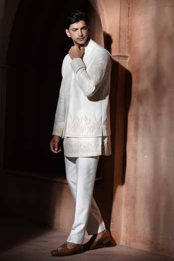 Shop_Varoin Marwah_Beige Silk The Mrinal Embroidered Nehru Jacket Set _Online_at_Aza_Fashions