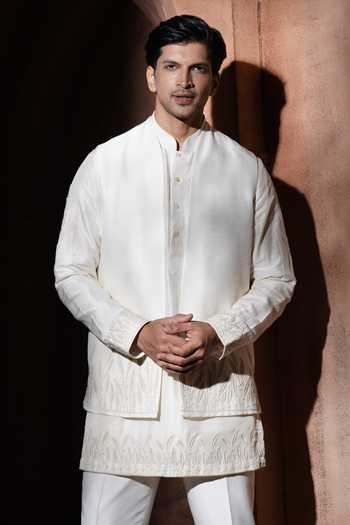 Varoin Marwah_Beige Silk The Mrinal Embroidered Nehru Jacket Set _at_Aza_Fashions