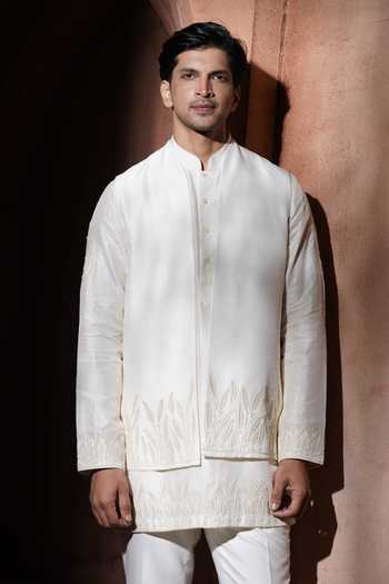 Buy_Varoin Marwah_Beige Silk The Mrinal Embroidered Nehru Jacket Set 