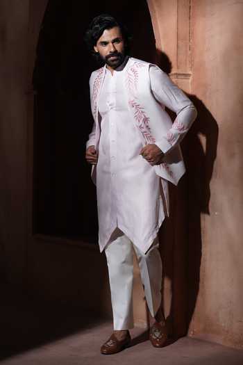 Varoin Marwah_Pink Silk Blushvine Embroidered Nehru Jacket Set _Online_at_Aza_Fashions