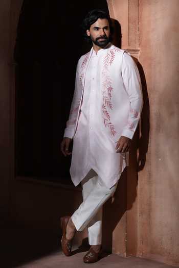 Shop_Varoin Marwah_Pink Silk Blushvine Embroidered Nehru Jacket Set _at_Aza_Fashions