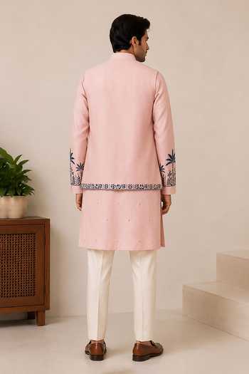 Shop_Varoin Marwah_Pink Silk The Royal Palm Embroidered Nehru Jacket Set _at_Aza_Fashions