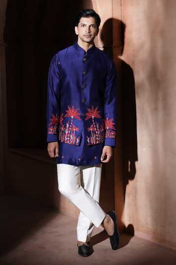 Shop_Varoin Marwah_Blue Silk The Crimson Palm Embroidered Bundi And Kurta Set _at_Aza_Fashions