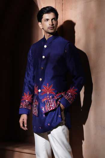 Buy_Varoin Marwah_Blue Silk The Crimson Palm Embroidered Bundi And Kurta Set _Online_at_Aza_Fashions