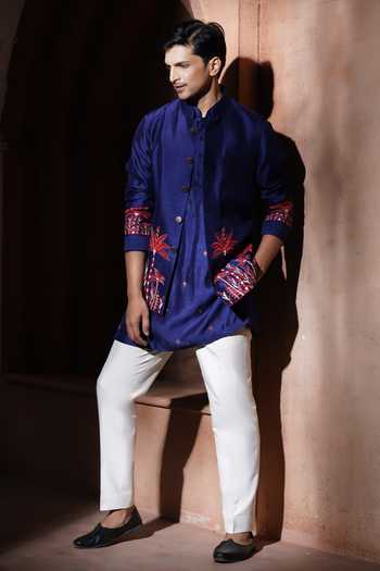 Shop_Varoin Marwah_Blue Silk The Crimson Palm Embroidered Bundi And Kurta Set _Online_at_Aza_Fashions