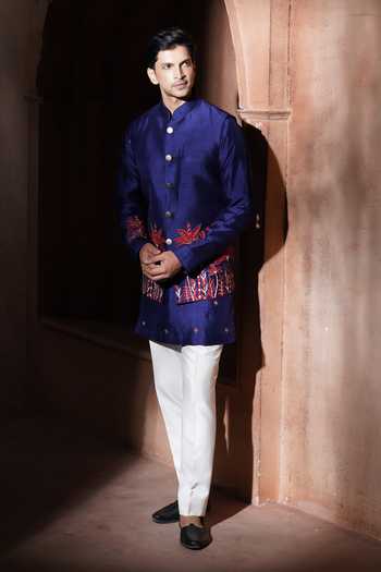 Buy_Varoin Marwah_Blue Silk The Crimson Palm Embroidered Bundi And Kurta Set 
