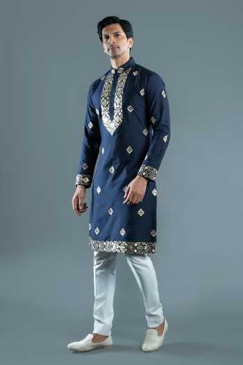 Shop_Varoin Marwah_Blue Silk The Stars Cast Embroidered Kurta Set _Online_at_Aza_Fashions