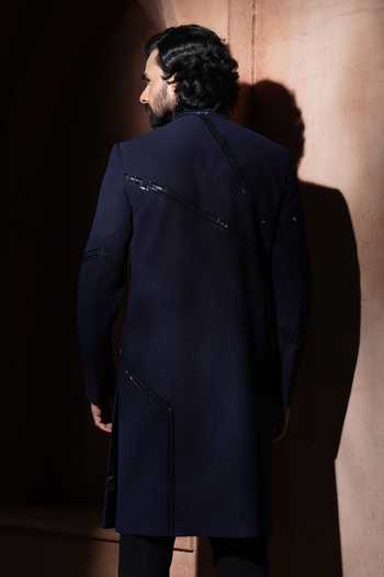 Shop_Varoin Marwah_Blue Suiting The Shining In Shadows Embroidered Sherwani Set _at_Aza_Fashions