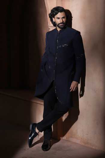 Shop_Varoin Marwah_Blue Suiting The Shining In Shadows Embroidered Sherwani Set _Online_at_Aza_Fashions