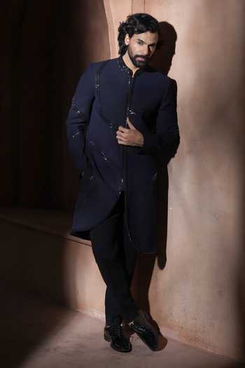 Varoin Marwah_Blue Suiting The Shining In Shadows Embroidered Sherwani Set _at_Aza_Fashions