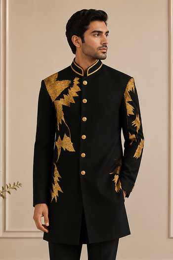 Buy_Varoin Marwah_Black Crepe Embroidered Sherwani Set _at_Aza_Fashions