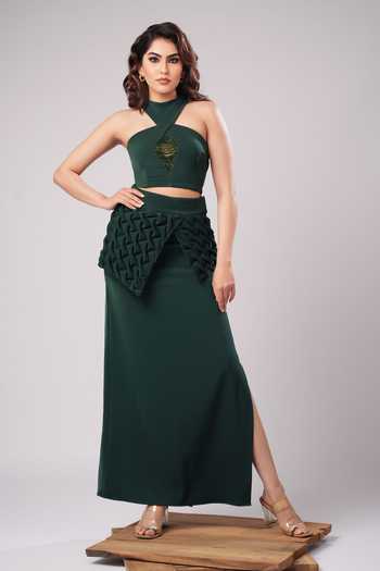Buy_Ahi Clothing_Emerald Green Crepe Halter , Keyhole Hazel Sculpted Skirt Set _at_Aza_Fashions