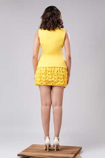 Shop_Ahi Clothing_Yellow Crepe Round Neck Birdie Sunshine Sculpted Co-ord Skirt Set _at_Aza_Fashions