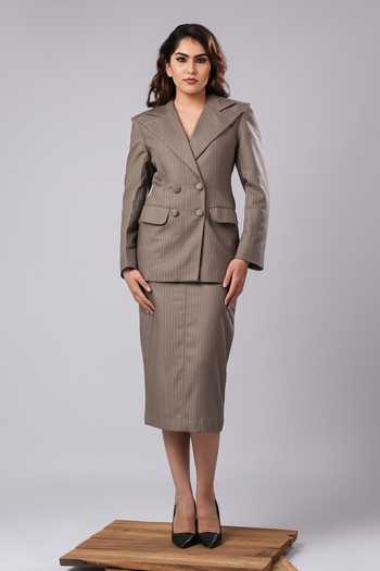 Ahi Clothing_Beige Crepe, Suiting Cecilia Taupe Pinestripe Power Skirt Set _Online_at_Aza_Fashions