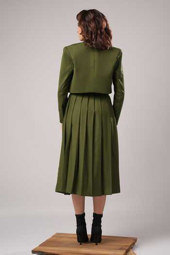Shop_Ahi Clothing_Olive Green Suiting, Crepe Bandeau Neck Eve Modern Tailored Co-ord Skirt Set _at_Aza_Fashions