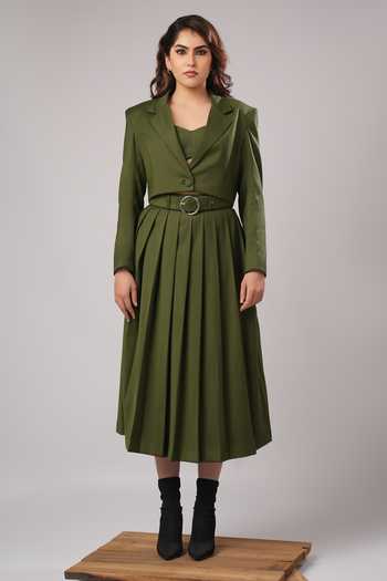 Ahi Clothing_Olive Green Suiting, Crepe Bandeau Neck Eve Modern Tailored Co-ord Skirt Set _Online_at_Aza_Fashions