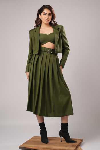 Buy_Ahi Clothing_Olive Green Suiting, Crepe Bandeau Neck Eve Modern Tailored Co-ord Skirt Set _Online_at_Aza_Fashions