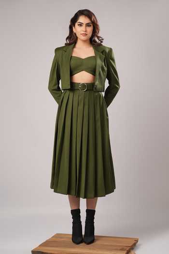 Shop_Ahi Clothing_Olive Green Suiting, Crepe Bandeau Neck Eve Modern Tailored Co-ord Skirt Set _Online_at_Aza_Fashions