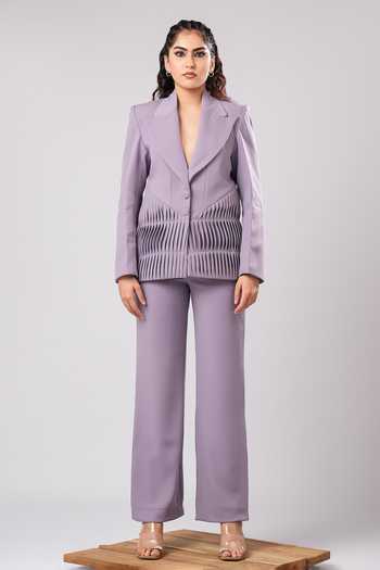 Buy_Ahi Clothing_Lilac Crepe, Suiting V-neck Seren Blazer And Pant Set _Online_at_Aza_Fashions