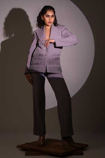 Ahi Clothing_Lilac Crepe, Suiting V-neck Seren Blazer And Pant Set _at_Aza_Fashions