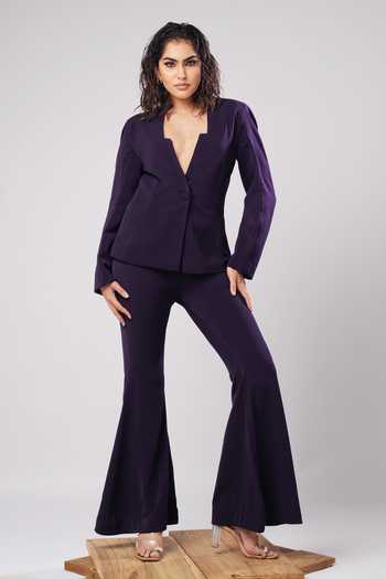 Buy_Ahi Clothing_Purple Crepe Violet Structured Blazer And Flared Trouser Set _at_Aza_Fashions