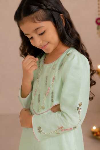 Darleen Kids Couture_Green Silk Nayra Sequin Embroidered Jumpsuit _Online_at_Aza_Fashions