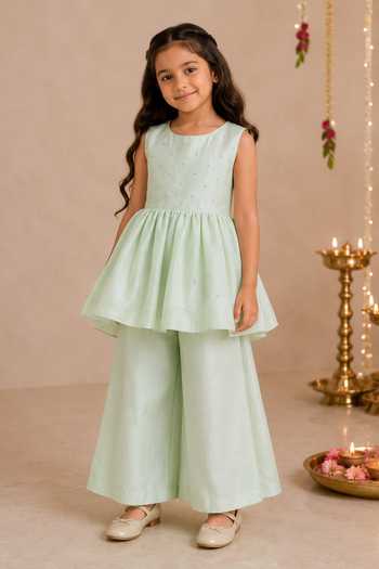 Shop_Darleen Kids Couture_Green Silk Nayra Embroidered Peplum Kurta And Palazzo Set _at_Aza_Fashions