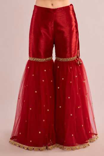 Saina Kapoor_Red Dupion, Net Keyhole Neck Gota Patti Embroidered Kurta Gharara Set _Online_at_Aza_Fashions