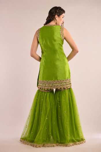Shop_Saina Kapoor_Green Dupion, Net High Neck Embroidered Kurta Set _at_Aza_Fashions
