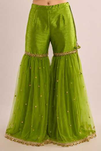 Buy_Saina Kapoor_Green Dupion, Net High Neck Embroidered Kurta Set _Online_at_Aza_Fashions